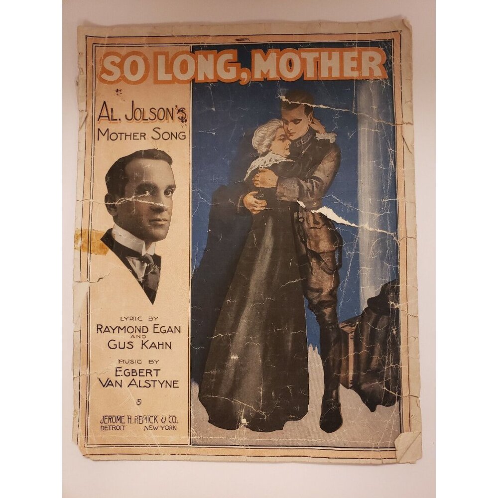 Sheet Music-Al Jolson's Mother Song-So Long Mother-WWI era-1917-Antique